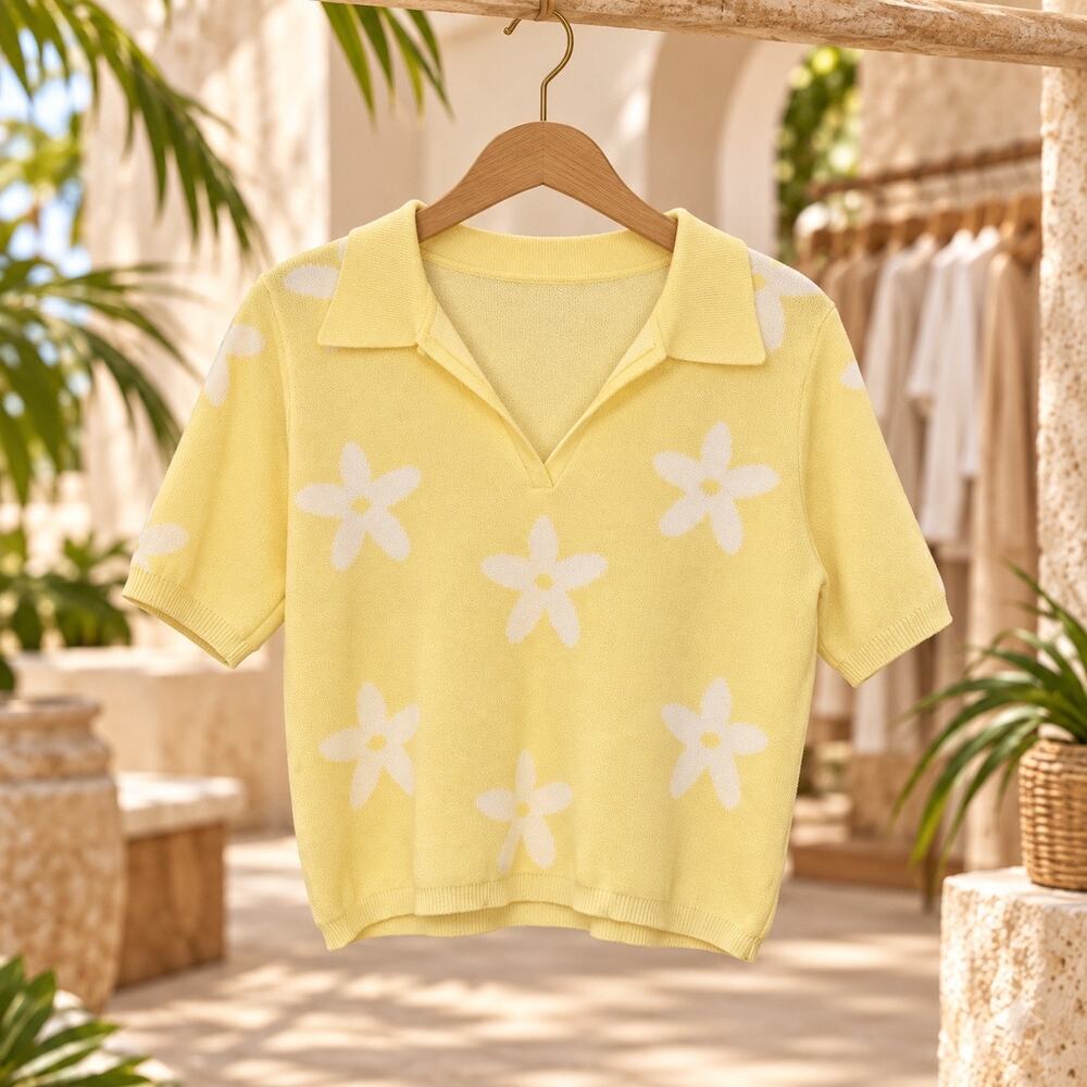Sadie & Sage Yellow White Daisy Polo Sweater Short Sleeve V-Neck Medium